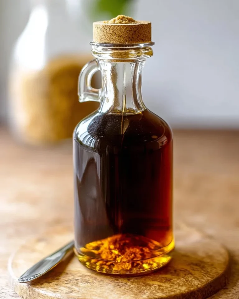 Homemade brown sugar syrup in a glass jar, ideal for desserts and beverages.
