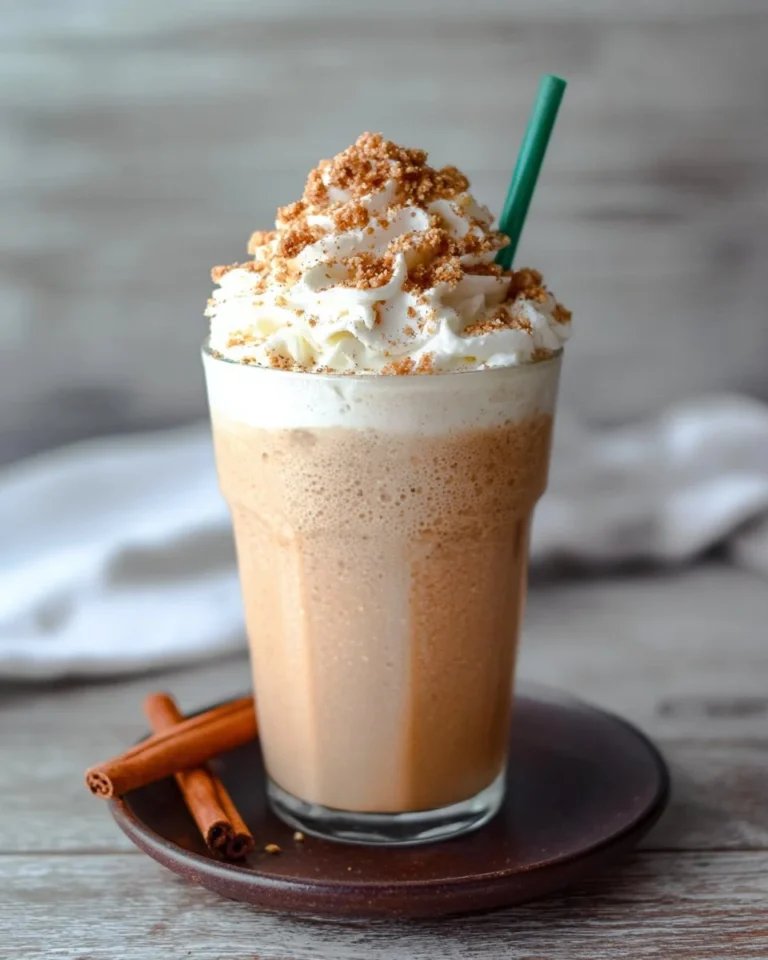 Cinnamon Crumble Oatmilk Frappuccino in a glass with whipped cream and sprinkles