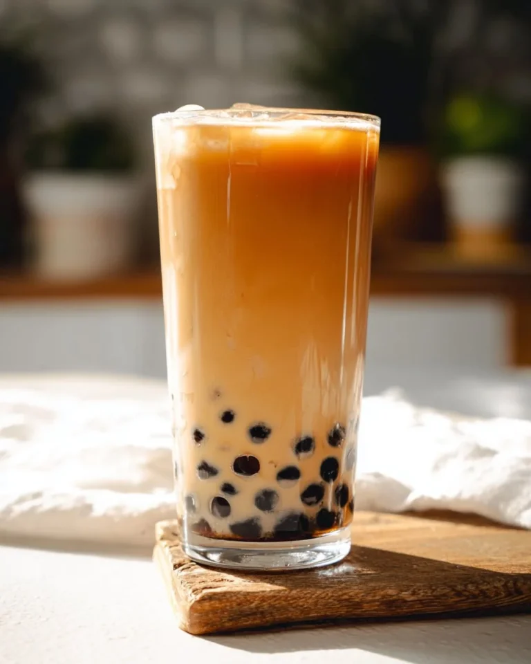 A delicious cup of Coffee Boba Tea with tapioca pearls showcasing a homemade bubble tea recipe.