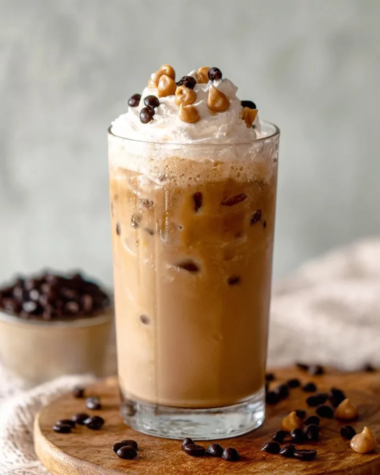 Delicious cookie dough iced coffee topped with whipped cream and chocolate chips