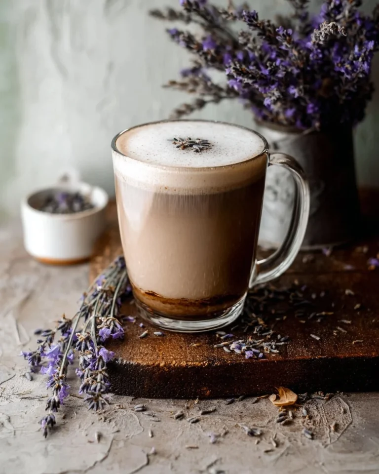 A vibrant lavender latte served in a cozy cafe setting.
