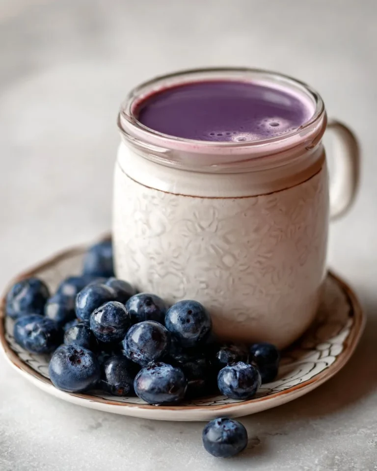 Homemade blueberry coffee creamer in a glass jar with blueberries and coffee beans