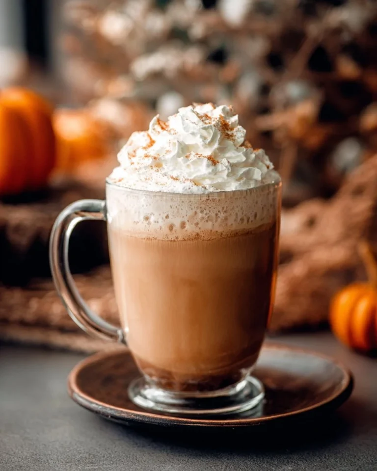 Homemade pumpkin spice latte in a cozy setting with autumn decorations