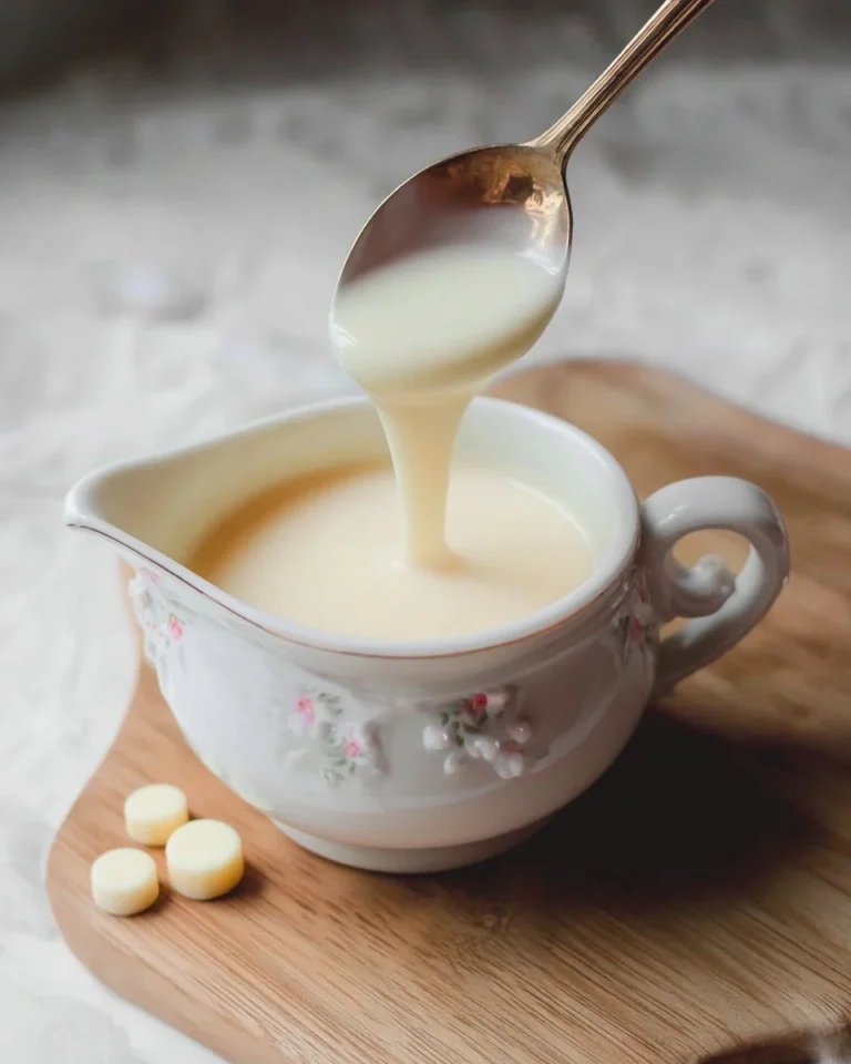 Homemade white chocolate syrup drizzled over desserts