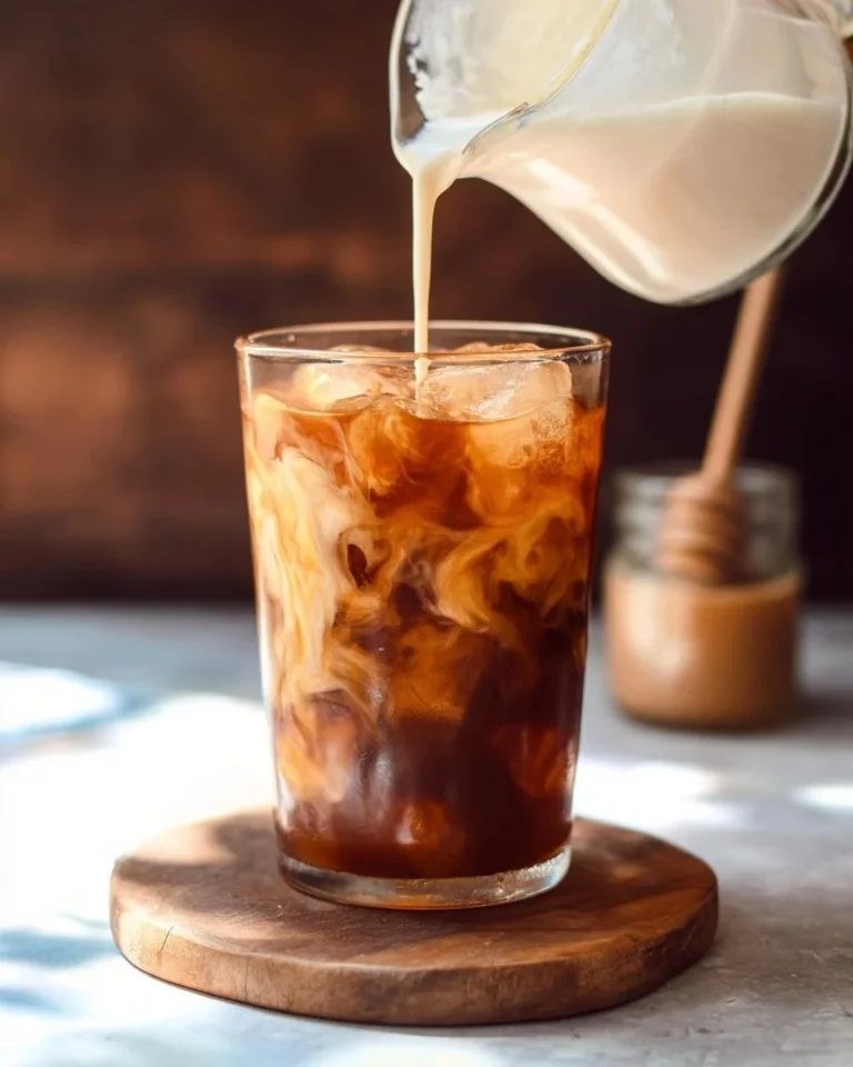A delicious Honey Almond Milk Cold Brew served in a glass with ice and coffee beans