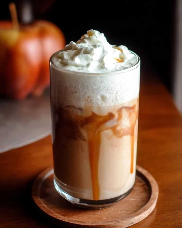 Iced caramel apple cream latte in a glass with whipped cream topping.