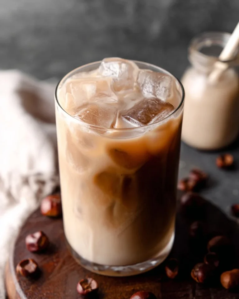 Iced Hazelnut Oat Milk Shaken Espresso in a glass with a straw