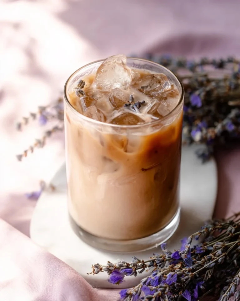 Iced lavender oat milk latte served in a glass with lavender sprigs.