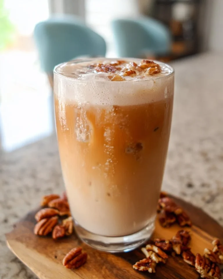 Homemade Iced Pecan Crunch Oat Milk Latte in a glass with whipped cream