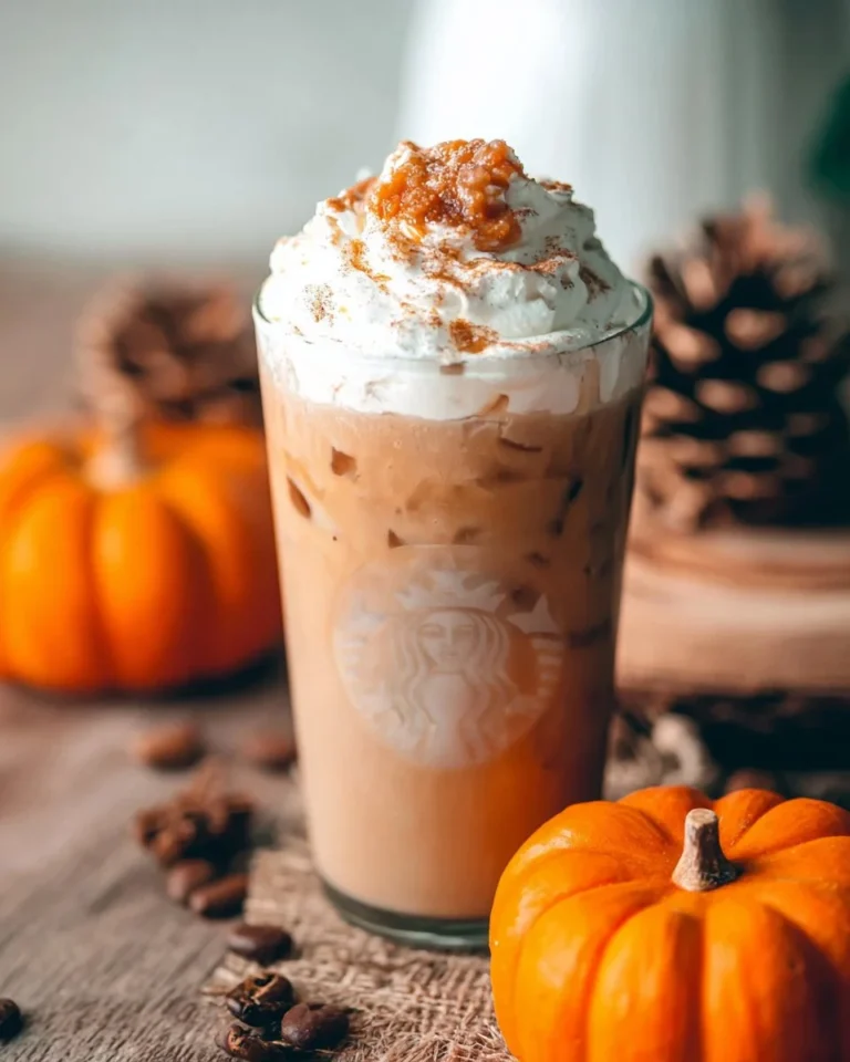 Iced Pumpkin Spice Latte in a clear glass with whipped cream and cinnamon on top