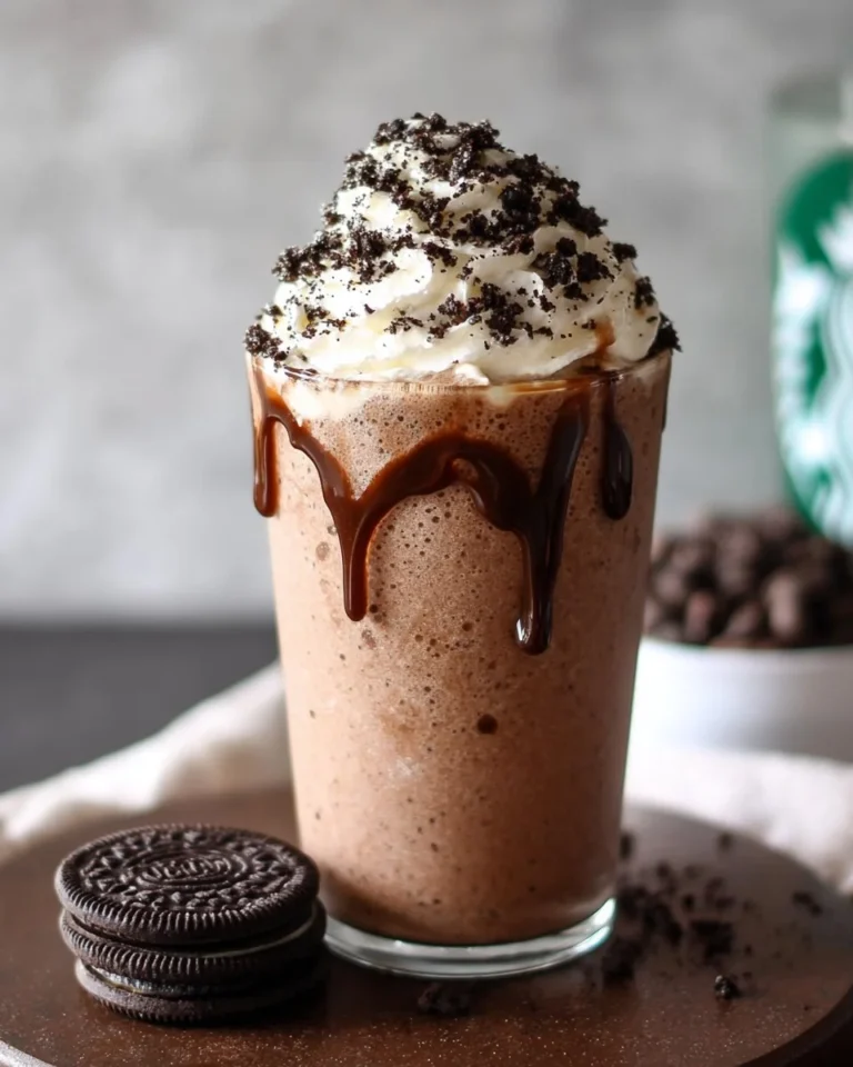 Delicious Mocha Cookie Crumble Frappuccino topped with whipped cream and chocolate crumbs