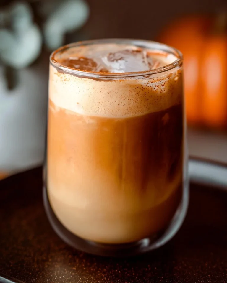 Pumpkin Spice Shaken Espresso in a glass, topped with whipped cream and cinnamon.