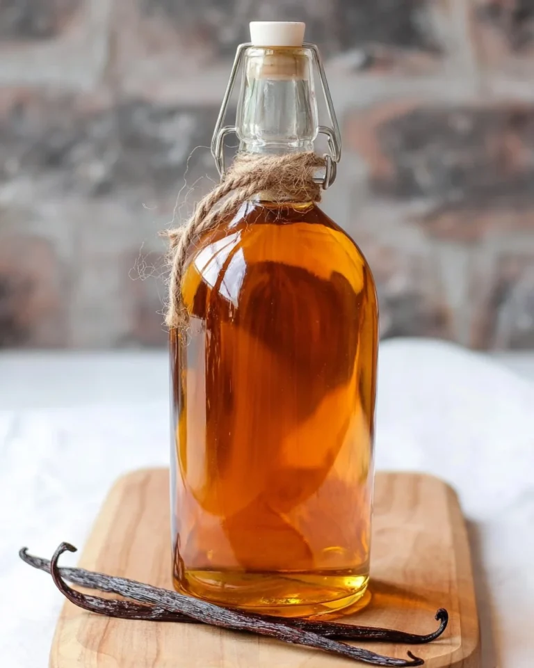 Homemade vanilla simple syrup in a glass bottle with vanilla beans and sugar
