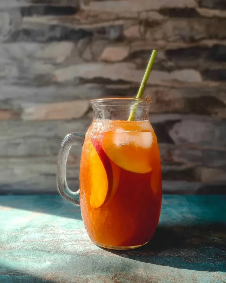 Apple and Peach Rooibos Punch in a glass with fresh fruits and herbs