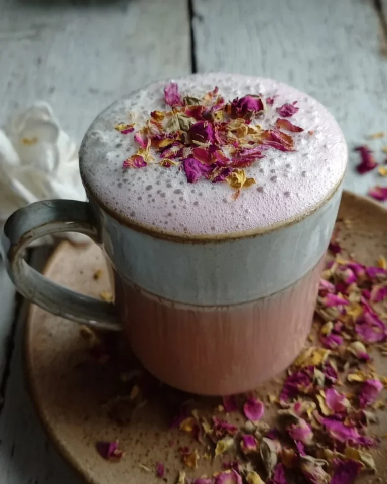 A calming chamomile rose tea latte served in a decorative cup.