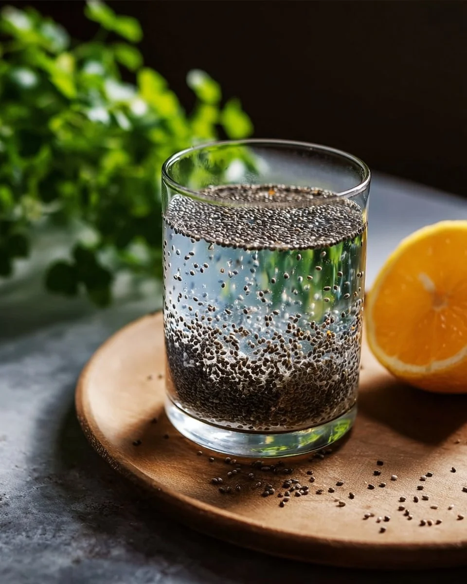 Glass of chia seed water with fresh lemon and mint leaves