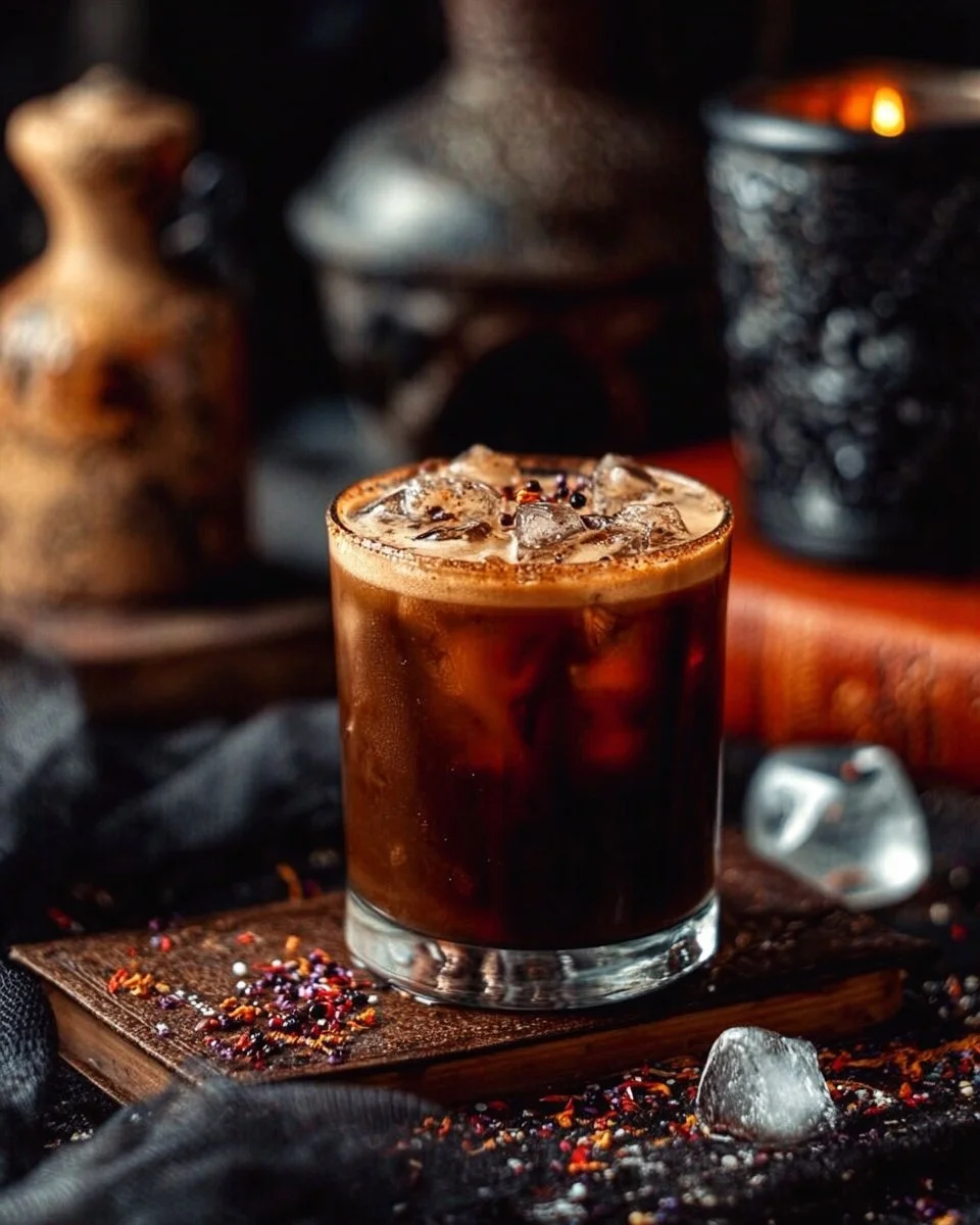 Cold Witches Brew Coffee in a spooky glass with ice and decorative elements