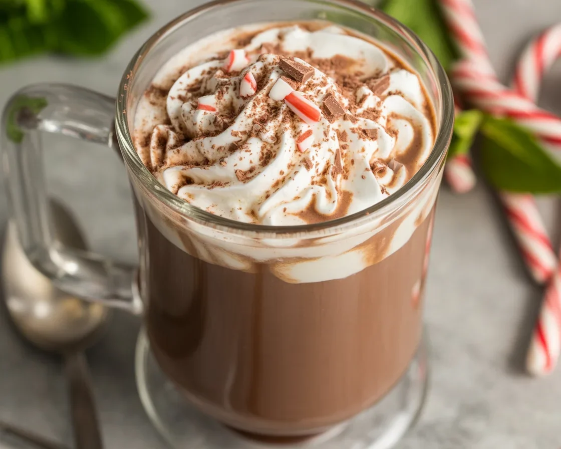 Homemade peppermint mocha recipe with espresso, cocoa, and whipped cream.