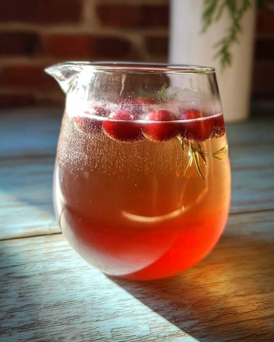 A glass of refreshing cranberry cider garnished with fresh cranberries.