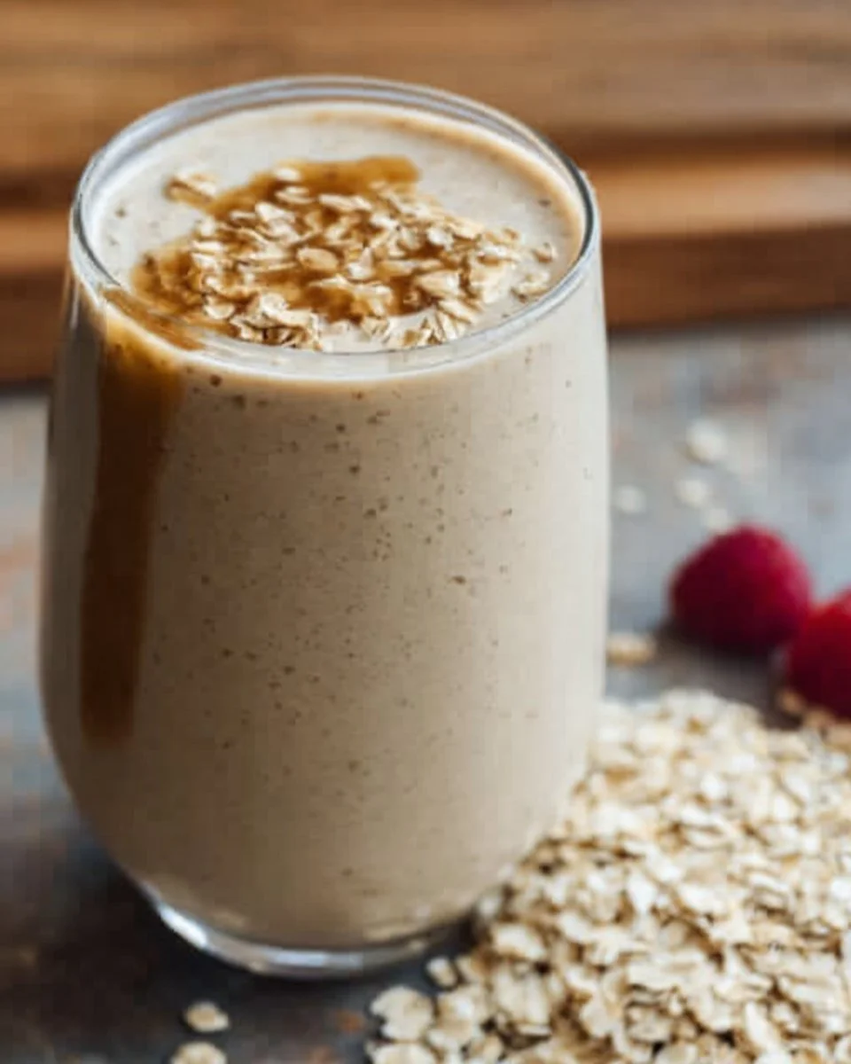 Delicious creamy oats smoothie in a glass topped with fresh fruits