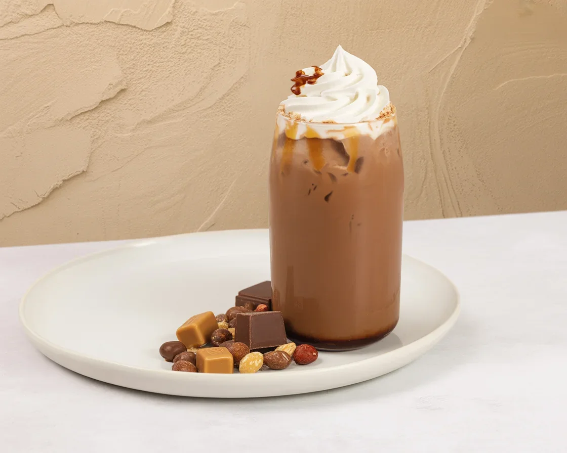 A delicious Hazelnut Honey Mocha topped with whipped cream and drizzle.