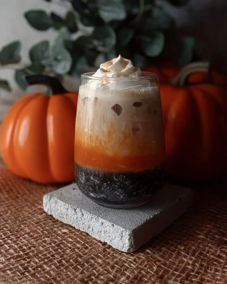 Halloween themed pumpkin spice latte topped with whipped cream and sprinkles