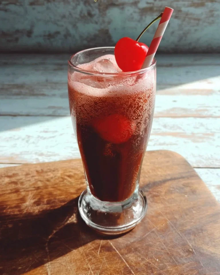 A glass of homemade cherry cola with fresh cherries and ice