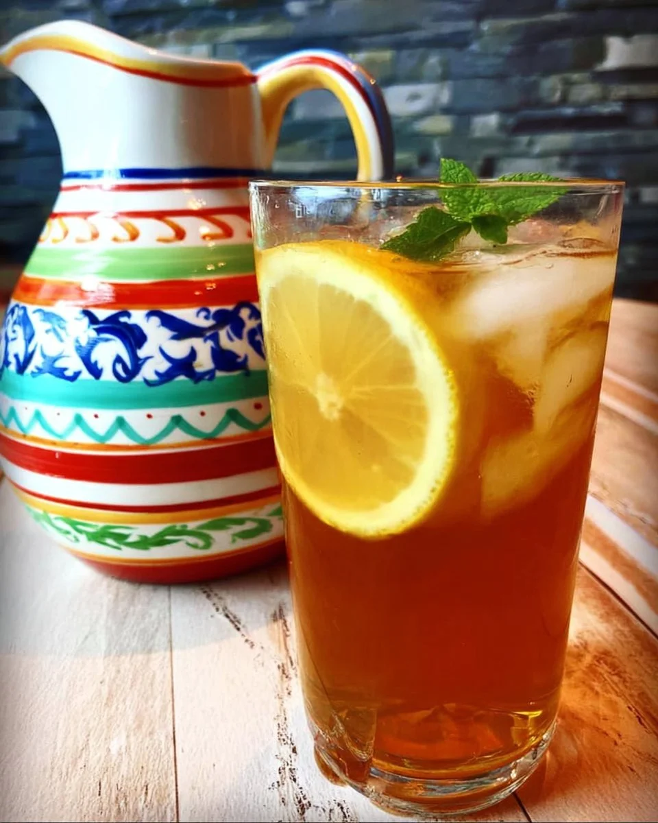 Refreshing glass of homemade lemon iced tea with lemon slices and mint leaves