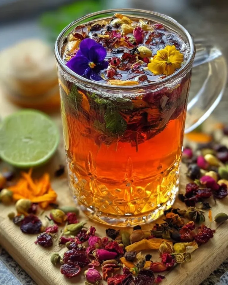 Colorful homemade loaded teas in glass jars with fresh fruits and herbs.