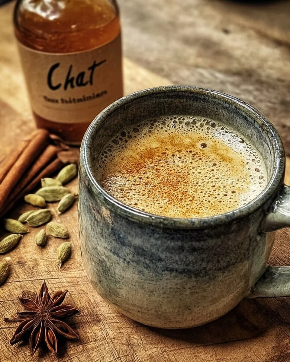 Homemade masala chai concentrate brewing in a pot with spices
