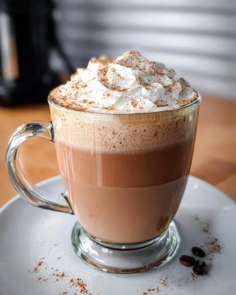 Delicious homemade mocha latte topped with whipped cream and chocolate drizzle