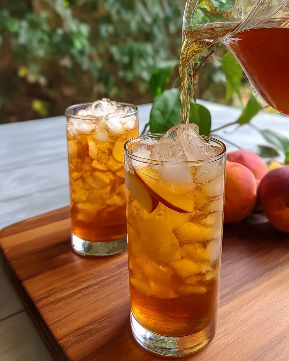Homemade peach iced tea in a glass with fresh peaches and mint garnish