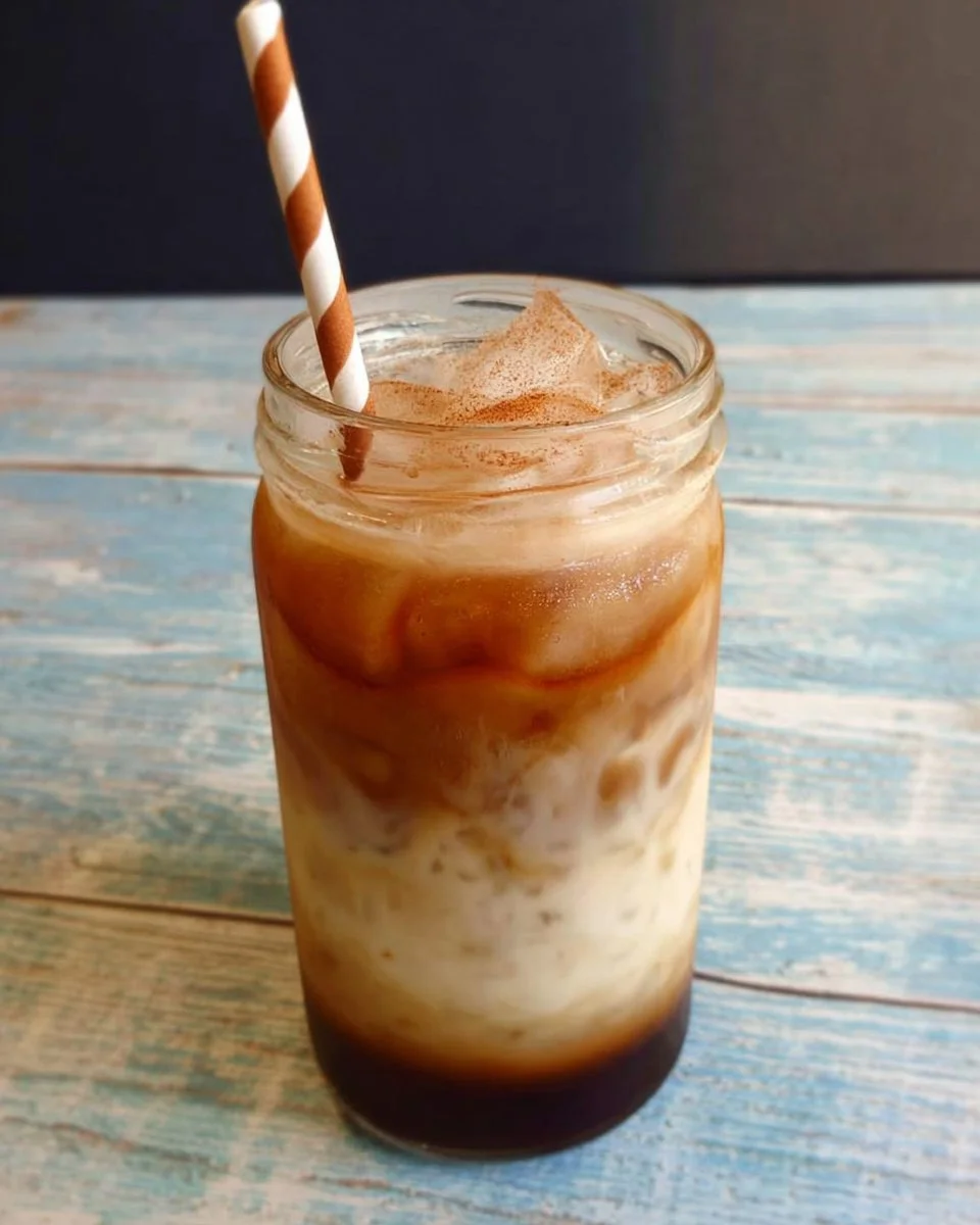 Iced Latte with Cinnamon Syrup in a glass, garnished with a cinnamon stick.