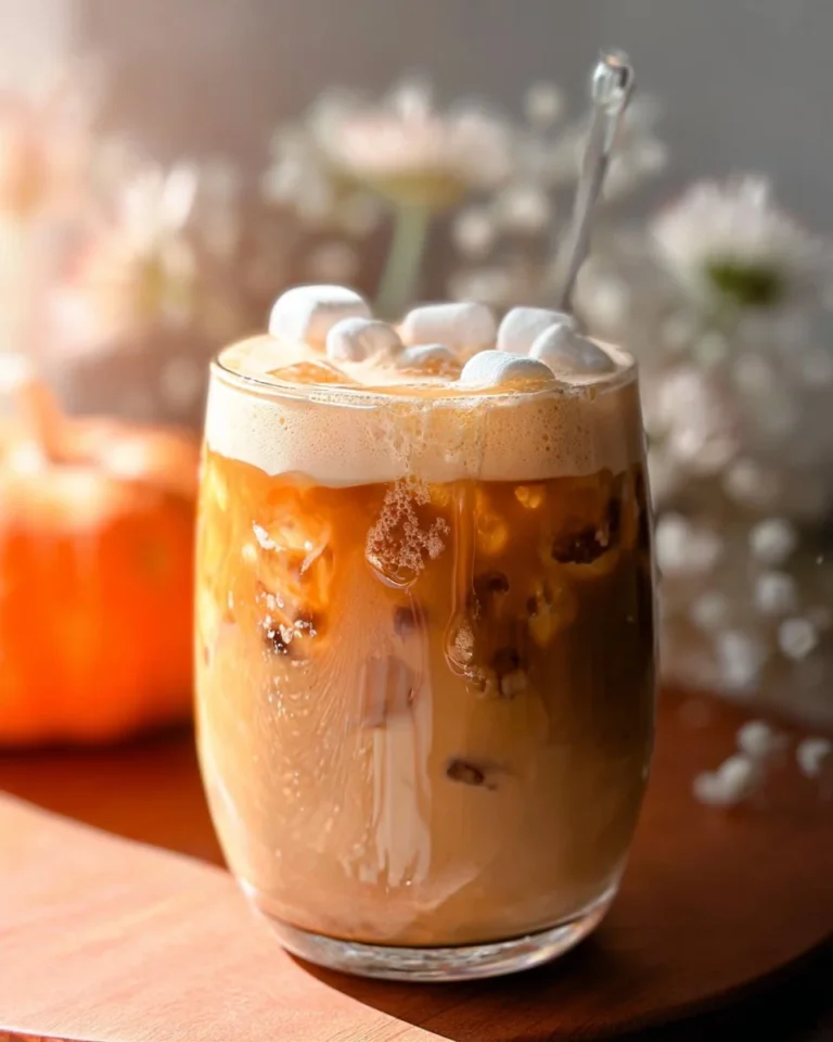 Iced Marshmallow Pumpkin Latte with whipped cream and pumpkin spice topping