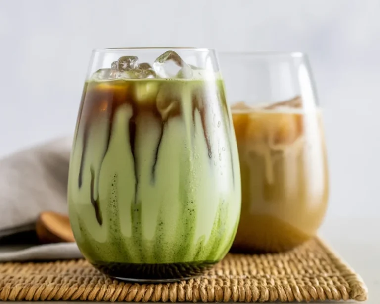 Delicious dirty matcha latte topped with frothy milk and espresso shot