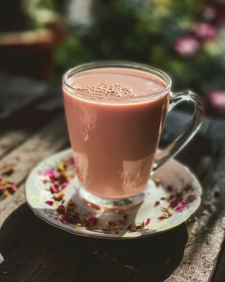 A cup of Kashmiri Pink Tea garnished with spices, showcasing its unique pink hue.