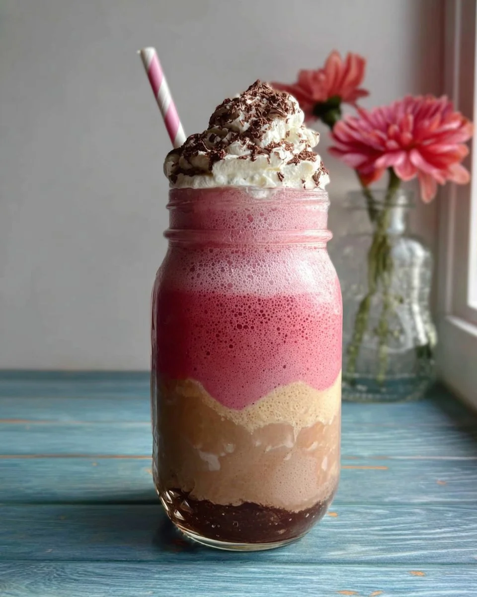 Delicious Neapolitan milkshake with layers of chocolate, strawberry, and vanilla ice cream.