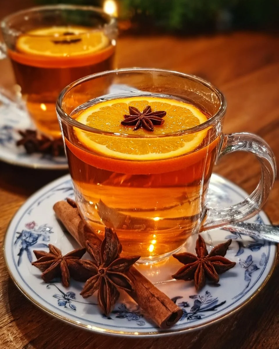 Cup of Orange Spiced Black Tea with slices of orange and spices