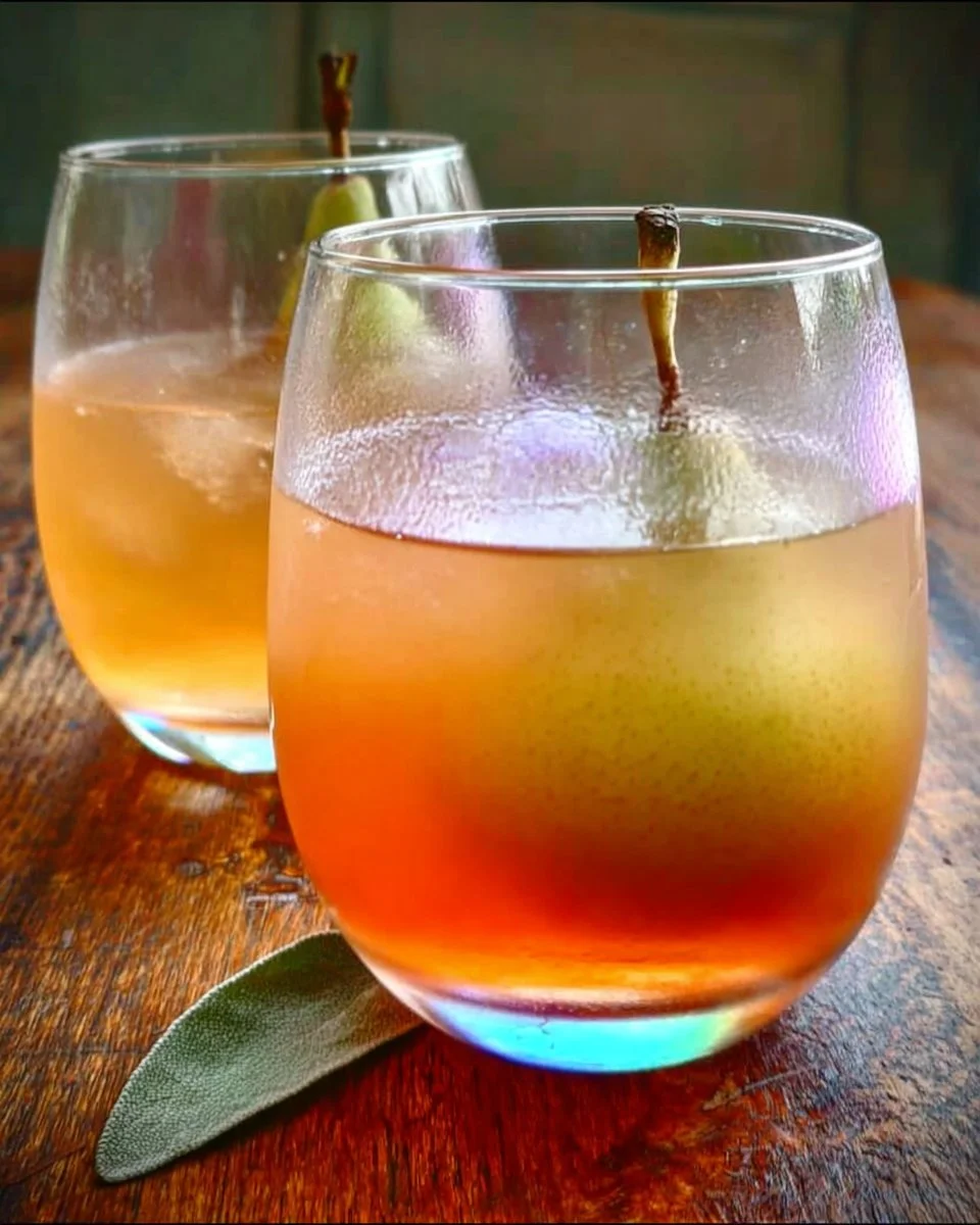 A refreshing pear cider punch served in a pitcher with fruit garnishes.