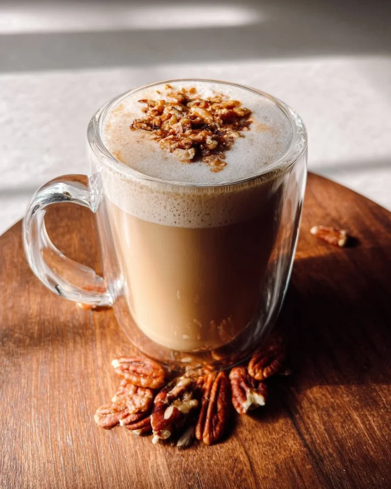 Delicious Pecan Crunch Oat Milk Latte topped with nutty flavors and creamy texture