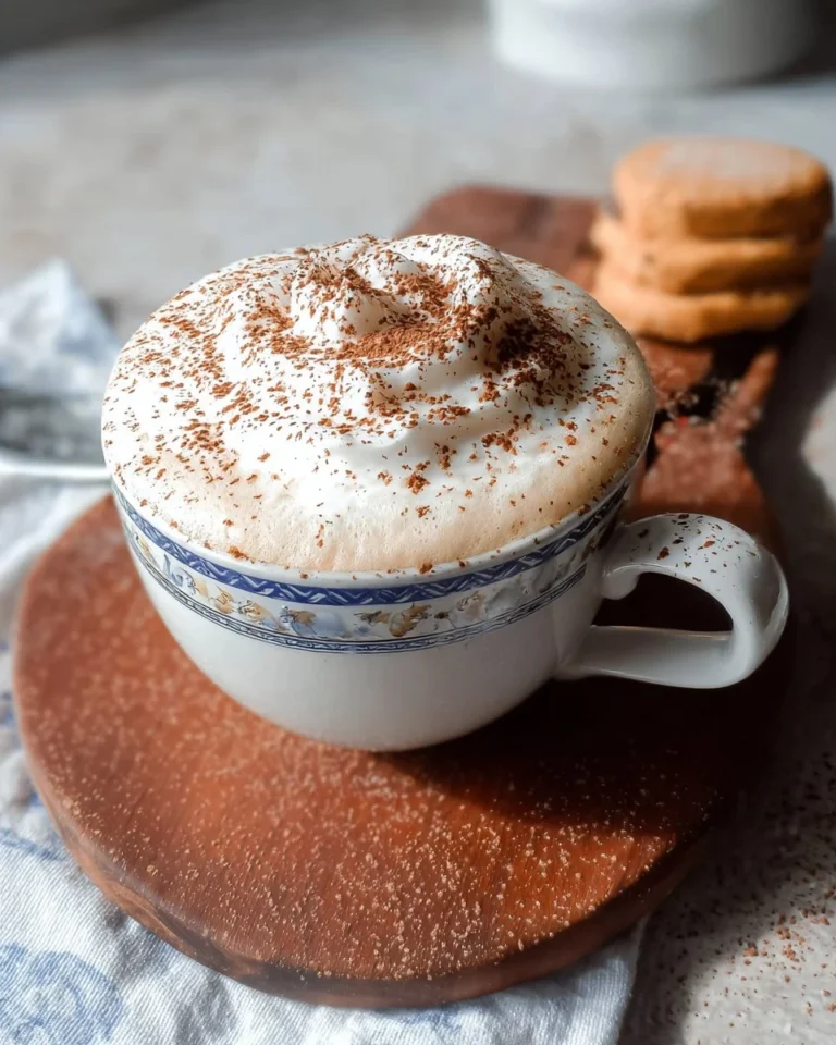A beautifully presented tiramisu latte topped with cocoa powder and cream.