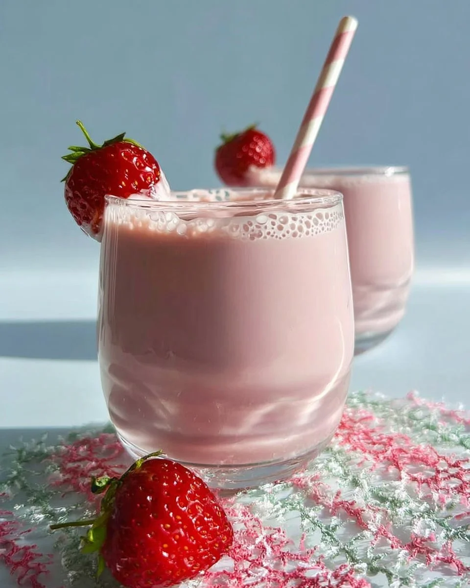 A glass of creamy strawberry milk topped with fresh strawberries