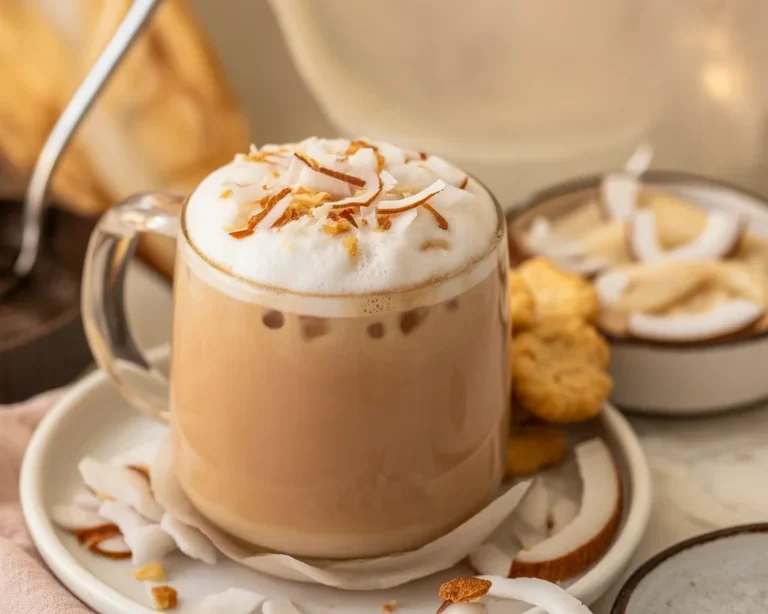 A vibrant pink coconut iced latte in a clear glass with fresh strawberries on a marble table.