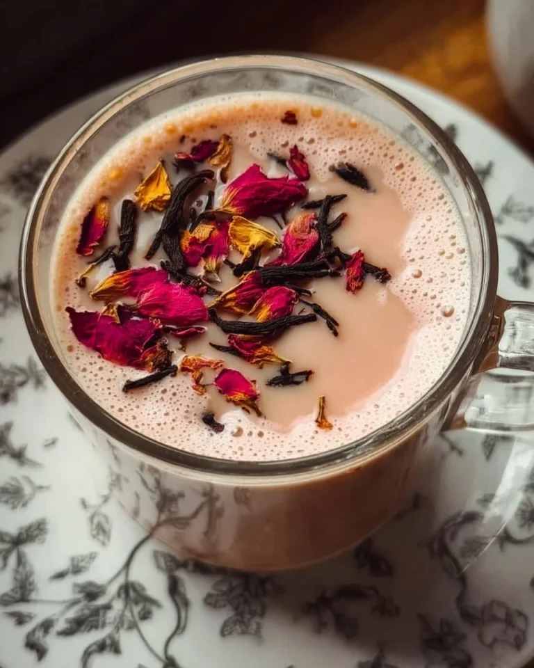 Cup of rose tea with dried rose petals, showcasing its vibrant color and aroma