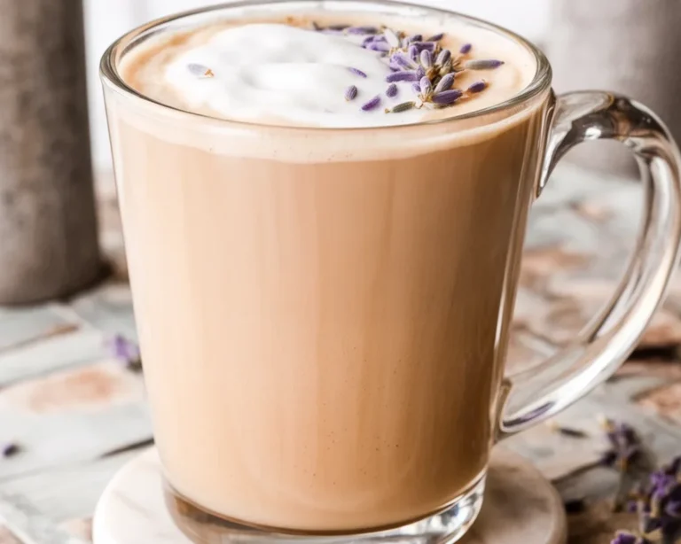 Homemade lavender latte with espresso, steamed milk, and lavender syrup in a mug