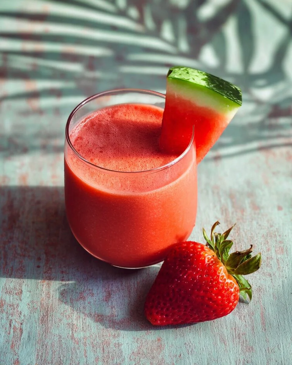 Strawberry Watermelon Smoothie in a glass with fresh fruits on the side