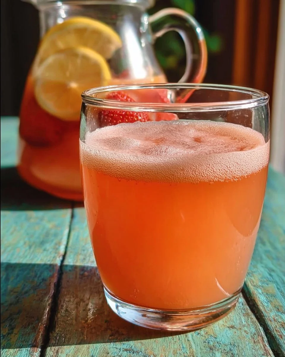 A refreshing glass of strawberry lemonade garnished with fresh strawberries