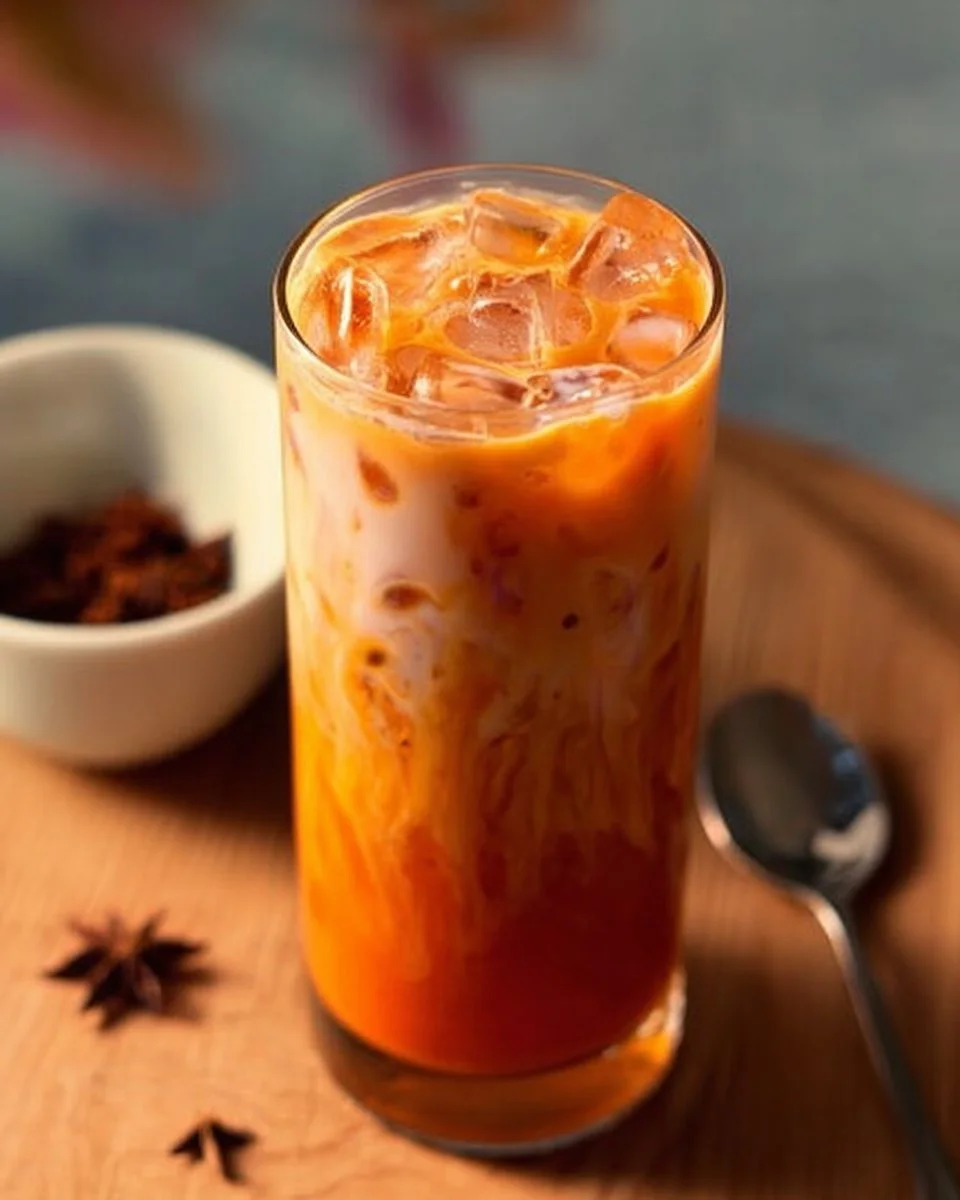 Refreshing glass of Thai Iced Tea with vibrant orange color and creamy top