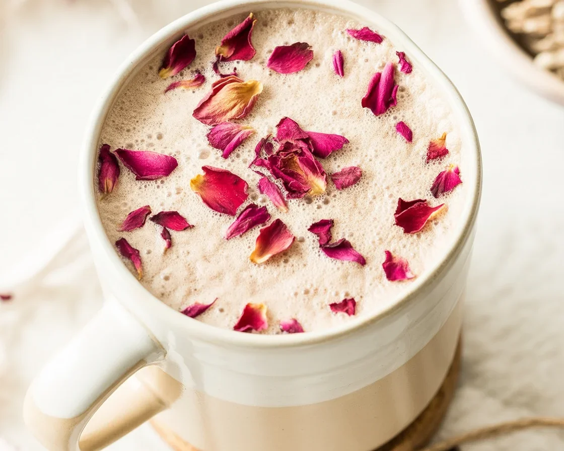 Delicious Cinnamon Rose Latte topped with rose petals and a sprinkle of cinnamon.
