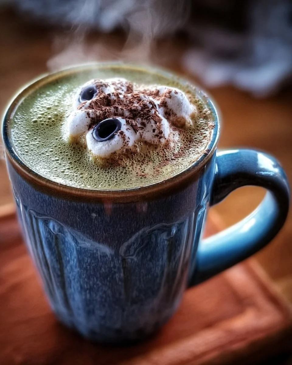 Witch's Brew Hot Chocolate topped with whipped cream and sprinkles